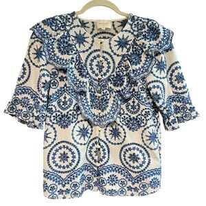 Sezane Blue and White Patterned Blouse